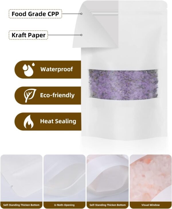 100pcs Kraft Bags with Window 4.7x7.8 Inches White Reusable Sealable Zip Lock Food Storage Stand up Paper Pouches for Home or Business - Image 3