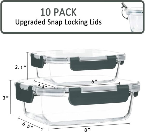 [10-Pack] Glass Meal Prep Containers with Lids, MCIRCO Food Storage Containers with Snap Locking Lids, Airtight Lunch Containers, Microwave, Oven, Freezer and Dishwasher - Image 2