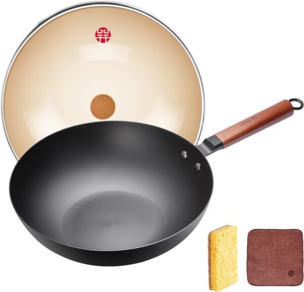 WANGYUANJI Iron Wok 12.6 inches,Wooden Handle Chinese Iron Pot Carbon Steel Wok Non-Coated Stir Fry Pan,Suitable for Home Cooking, Compatible with Induction, Gas, and Electric Ceramic Cooktops