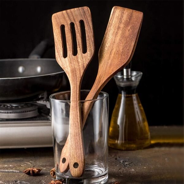 5 Pcs Best Wooden Spoons for Cooking Kitchen Utensils Set Non Stick Spoon Acacia Wood Utensil Cooking Spatula Turner Slotted Spoon Flat Wooden Spatula Set Mixing Cooking Spoons Kitchen Utensils - Image 4