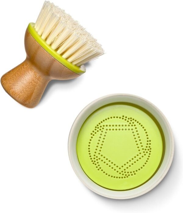 Full Circle Bubble Up- Eco-Friendly Bamboo Dish Brush & Ceramic Soap Dispenser - Natural Scrub Set for Dishes, Cast Iron - Kitchen Cleaning with Handle, White - Image 7