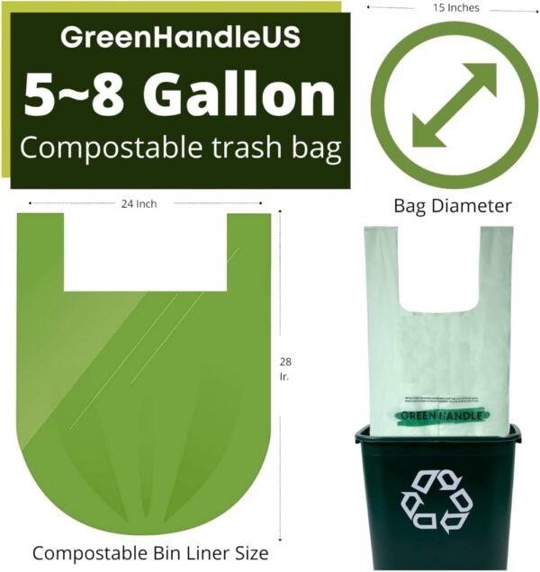 BPI certified 8 Gallon Extra Thick Compostable Trash Bag Liners with Handles (1.00 Mil = 25 mic) California SB 1383 ASTM D6400 Europe OK Home & Seedling (5~8 Gallon | 20~30 Liter) - Image 3