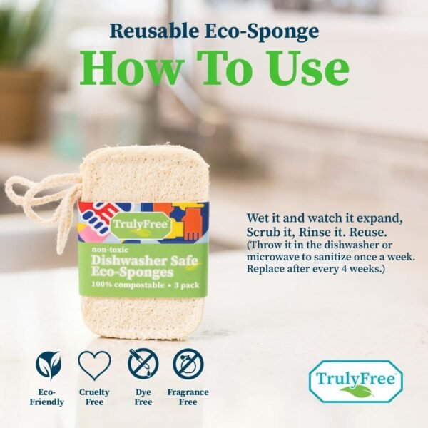 Truly Free Natural Cleaning Sponges, 100% Organic Luffa Dish Scrubber, Plant-Based Compostable Kitchen Dishwasher Sponge, Cleans Sink, Grout & Tile, Non Scratch Scouring Pad - 4.4 x 2.8 in, Pack of 3 - Image 6