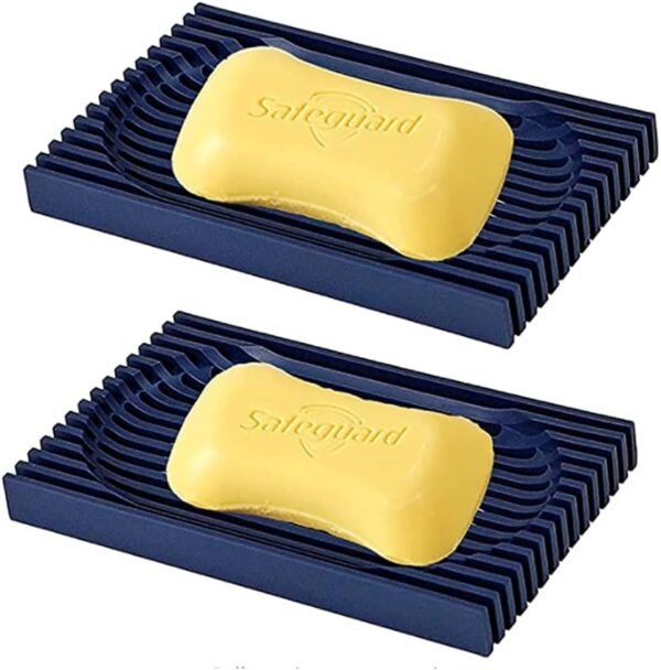 Shower Soap Dish, Silicone Soap Dish with Drain Self Draining Bar Soap Holder/Saver for Bathroom Shower and Kitchen, Flexible and Durable Soap Tray, Easy to Clean(2PCS) (Navy)