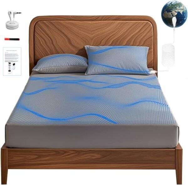 Grounding Fitted Sheet with Grounding Cord and Earthing Product Test Pen 90% Organic Cotton & 10% Silver Fiber Infused Conductive Bedding for Improved Sleep & Wellness Earthing Sheets Full Size Gray