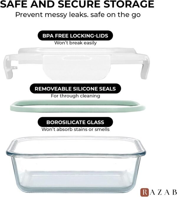 Razab 10 Pcs Glass Food Storage Containers with Lids – 40, 27, 17 Oz | Airtight Glass Storage Containers, BPA-Free meal prep containers reusable glass - Leakproof Kitchen Containers for Organizing - Image 3