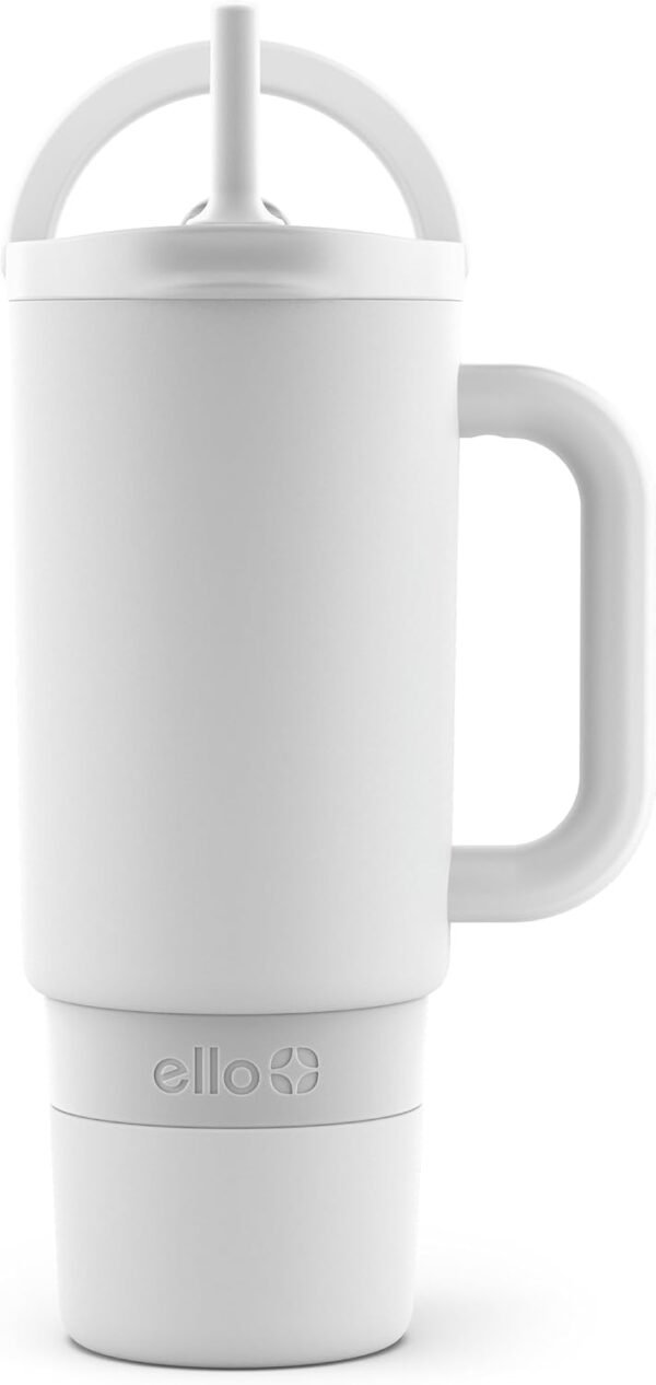 Ello Port 30oz Tumbler with Carry Loop & Integrated Handle | Vacuum Insulated Stainless Steel Reusable Water Bottle Travel Mug | Leak Proof Lid | Flexible Straw | BPA-Free | Dishwasher Safe | White