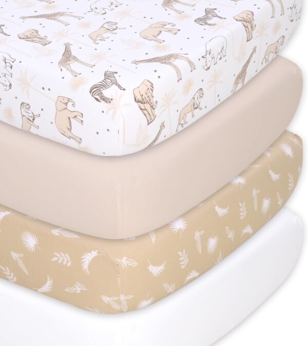 The Peanutshell 4-Pack Organic Fitted Crib Sheet Set - Soft & Breathable Baby Girl or Boy Crib Sheets, 100% Jersey Cotton Nursery Decor, Fit for Standard Crib Mattress Sheet - Caramel Safari