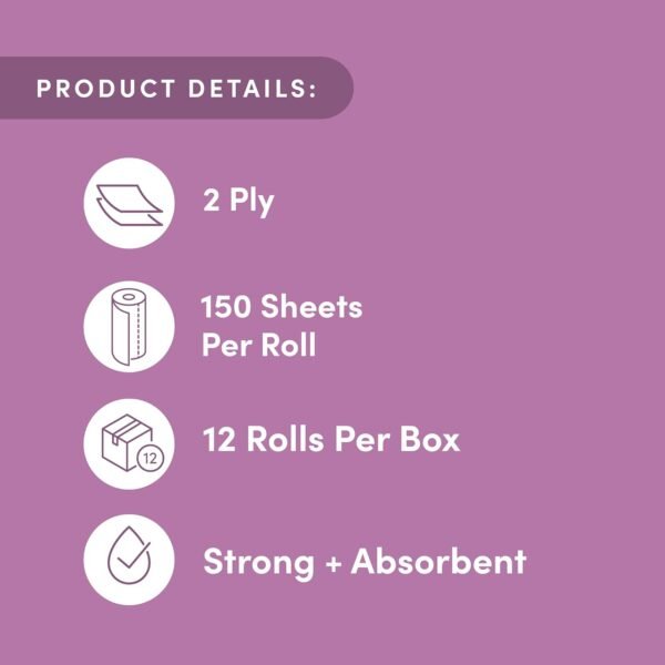 Amazon Aware 100% Bamboo Paper Towels, 12 Rolls, 2 ply, FSC Certified, 150 Sheets, 1800 Count, Pack of 12, Plastic-Free, White - Image 3