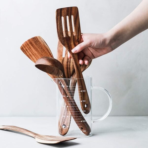 5 Pcs Best Wooden Spoons for Cooking Kitchen Utensils Set Non Stick Spoon Acacia Wood Utensil Cooking Spatula Turner Slotted Spoon Flat Wooden Spatula Set Mixing Cooking Spoons Kitchen Utensils - Image 3