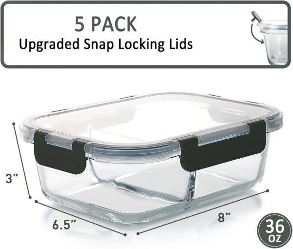 M MCIRCO [5-Pack,36 Oz] Glass Meal Prep Containers 2 Compartments Portion Control with Upgraded Snap Locking Lids Glass Food Storage Containers, Microwave, Oven, Freezer and Dishwasher (4.5 Cups) - Image 2