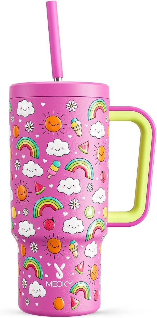 Meoky 24 oz Tumbler with Handle and Straw, 100% Leak-proof Tumbler with Lid and Straw, Insulated Stainless Steel Travel Coffee Mug, Keeps Cold for 24 Hours (Cloud)