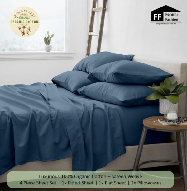Extra Deep Pockets 1000 Thread Count 100% Organic GOTS Certified Cotton, 24-Inch Deep-Pocket, 4-Piece Bed Sheet Set (1 Flat Sheet, 1 Fitted Sheet, 2 Pillow Covers) - Queen, Mediterranean Blue - Image 3