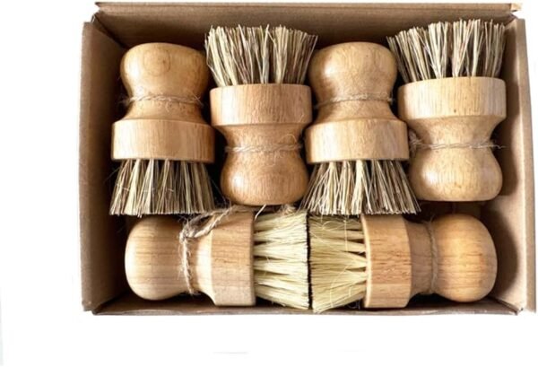 Bamboo Scrub Brush 6Pcs, UNOSCHRIM Palm and Sisal Pot Brush Set, Durable Wood Kitchen Dish Brush, Multifunctional Mini Cleaning Kit for Cleaning Pots, Dishes, Sinks, Fruits and Vegetables