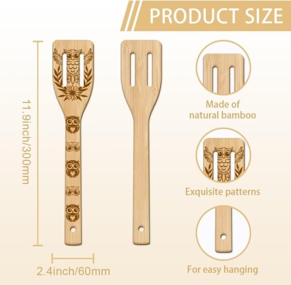GLOBLELAND 6Pcs Owl Bamboo Cooking Utensils Wooden Engraved Cooking Spoons Set Carving Kitchen Bamboo Spatula Set Wood Cooking Spoon for Kitchen Fun House Warming Gift - Image 3