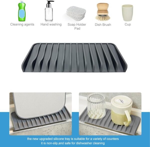 Silicone Self Draining Soap Dish | Dish Sponge Holder | CrazyHome Silicone Soap Tray | for Kitchen and Bathroom Sink | Food-Grade Material | Easy Drainage, Non-Slip Bottom | 2PCS Gray, 10.2"x4.3" - Image 4