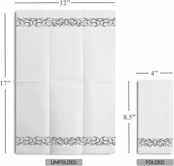 50-Pack Disposable Linen-Feel Guest Towels For Bathroom - Decorative White Hand Towels, Silver Floral Paper Napkins - Image 3