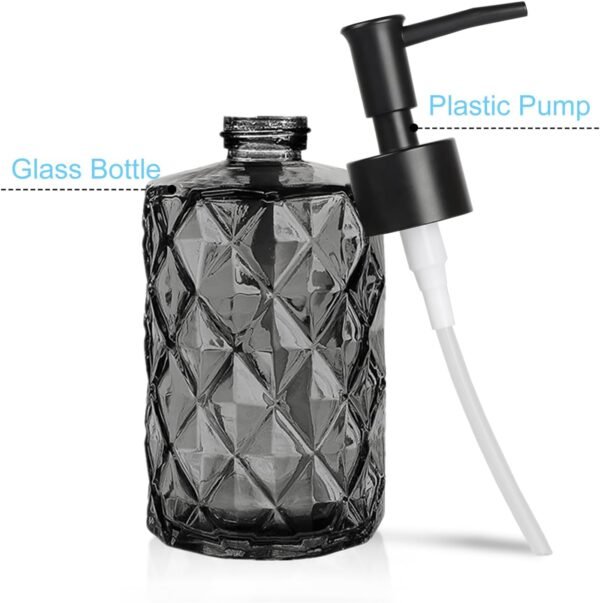 12 Oz Black Clear Diamond Glass Soap Dispenser with Plastic Pump, Small Liquid Hand Refillable Bathroom Dish Lotion Soap Bottle Set, for Bathroom, Kitchen, with Funnel & Blank Wooden Tag - Image 3