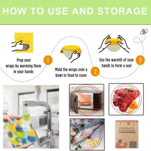 Reusable Beeswax Wrap Bees wax Food Storage Wraps – 6 Packs Eco Friendly Cotton Wrapping（Green） - Image 5