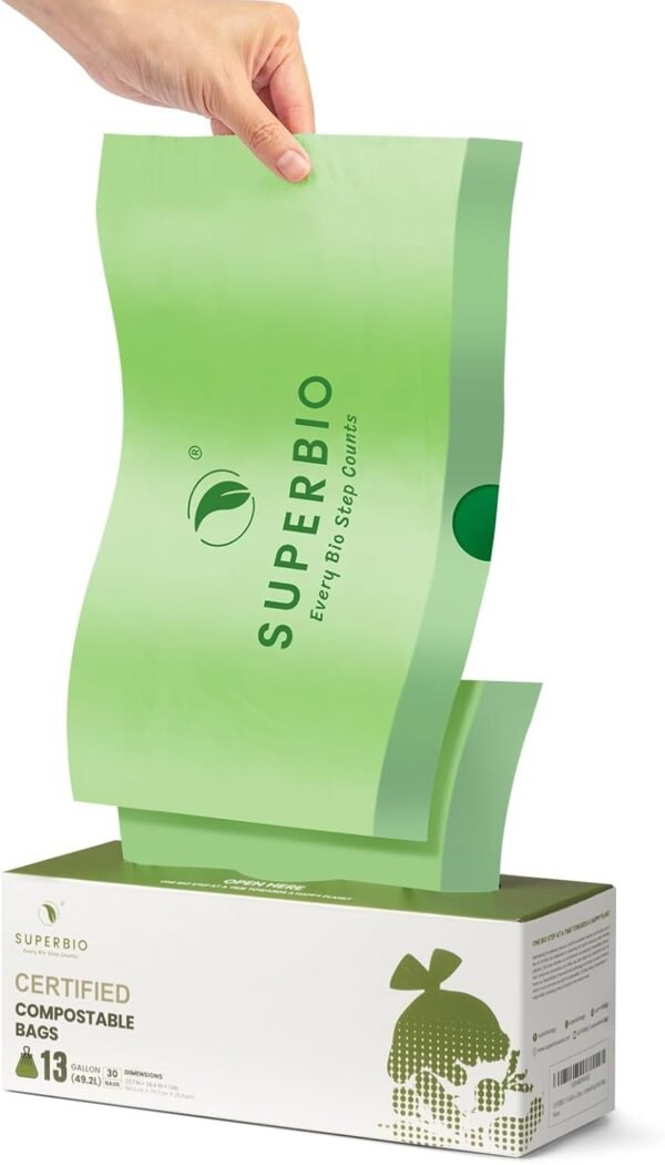 SUPERBIO 13 Gallon Compostable Drawstring Food Waste Bag, 49.2 Liter, 30 Count,1 Mils, Heavy Duty Kitchen Waste bags, Seedling and OK compost INDUSTRIAL - Image 8