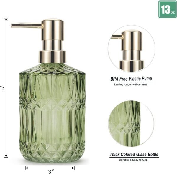 Glass Soap Dispenser Hand Soap Dispenser 12oz/390ml Soap Dispenser Bathroom Kitchen Soap Dispenser/Lotion Dispenser with ABS Plastic Pump Clear Soap Dispenser Green - Image 2