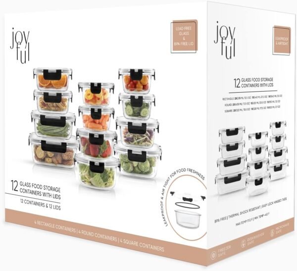 JoyJolt JoyFul 24pc(12 Airtight, Freezer Safe Food Storage Containers and 12 Lids), Pantry Kitchen Storage Containers, Glass Meal Prep Container for Lunch, Glass Storage Containers with Lids - Image 5