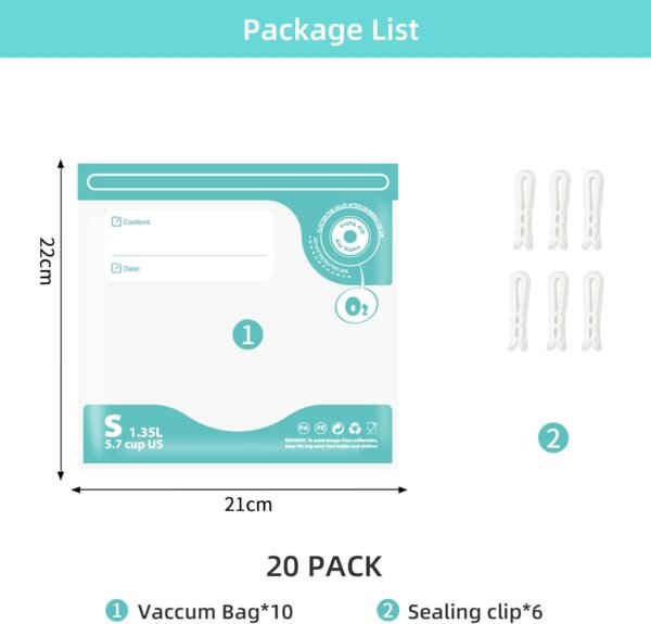 Sous Vide Bags Reusable, Vacuum Food Storage Bag 20 pcs (8.7 * 8.3in) Comes with 6 Sealing Sliders Thicken PA&PE Material Double Zipper Long-lasting Freshness Bag for Cooking, Food Storage S 20pcs - Image 2