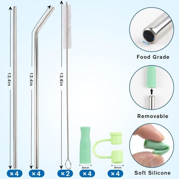 Reusable Replacement Straws for Stanley Cup 40 oz Tumbler, Extra Long Metal Drinking Straw for Stanley Cup Accessories, 8 Pack Stainless Steel Straw Set with Silicone Tips, Straw Covers, Brush, 12inch - Image 2