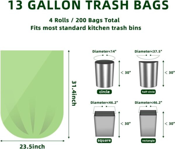 13 Gallon Compostable Trash Bags，200 Count，Kitchen Food Scrap Waste Bag, ASTM D6400, US BPI and Europe OK Compost Home Certified - Image 2
