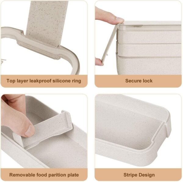 Bento Box for Adults, 3-In-1 Meal Prep Container, 900ML Japanese Lunch Box with Compartment, Wheat Straw, Leak-proof, Spoon & Fork, BPA-free (Beige) - Image 5