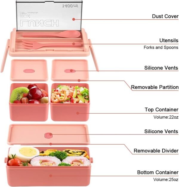 NatraProw Bento Box Adult Lunch Box, All-in-One Lunch Containers with Removable Compartments, 2 Layers Stackable Bento Lunch Box Leak Proof, Microwave Safe - Image 3