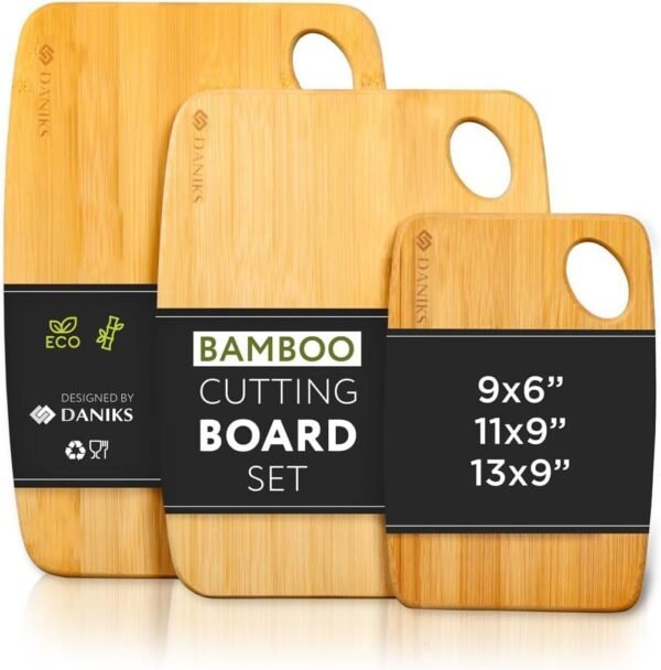 Daniks 100% Organic Bamboo Cutting Board Set of 3 for Kitchen | Heavy Duty Wood Chopping Board | Extra-Thick Cutting Board for Serving, Meat and Veggies (S, M, L)
