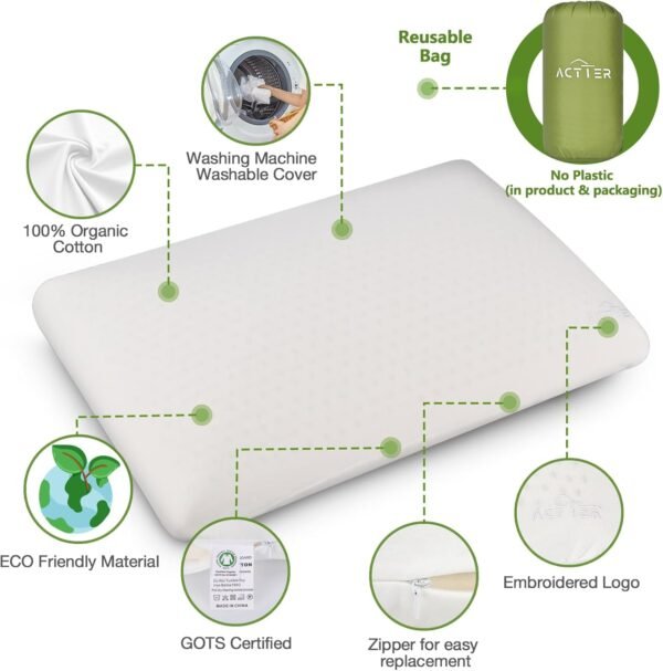 Low Profile Latex Pillow with Washable Organic Cotton Cover | No Plastic | Not Too Soft | Suitable for Back and Side Sleepers and as Travel Pillow - 1 Piece (Standard - 23.62"x15.75"x4.75") - Image 3