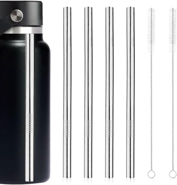4pcs Metal Press in Straw Replacement with 2pcs Straw Brushes for Hydro Flask, Silver Stainless Steel Practical Straws Replacement Accessories Compatible with Hydroflask Wide Mouth Water Bottle 64oz