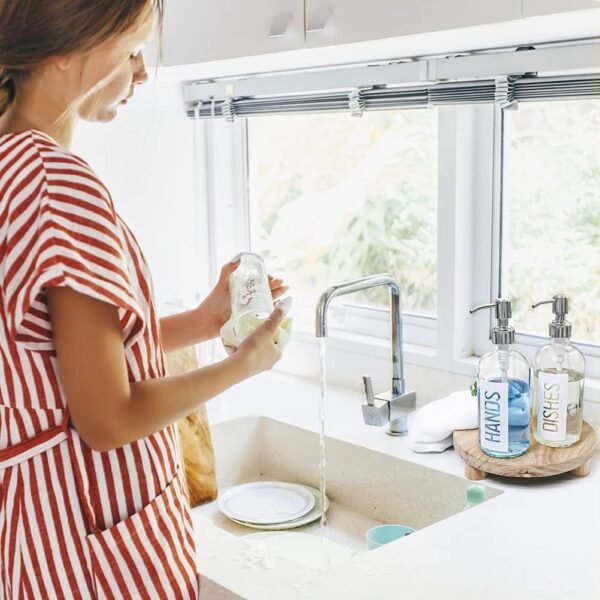 JASAI 2Pack 18OZ Glass Soap Dispenser with Rustproof 304 Stainless Steel Pump, Kitchen Soap Dispenser with Hands & Dishes Label, Refillable Dish Soap Dispenser for Kitchen (White) - Image 4