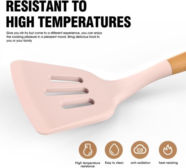 Silicone Cooking Utensils Set - Silicone Kitchen Utensils for Cooking Wooden Handles, 446°F Heat Resistant Kitchen Utensil Spatula Sets w Holder, Gadgets for Non-Stick Cookware BPA FREE (Multicolour) - Image 2