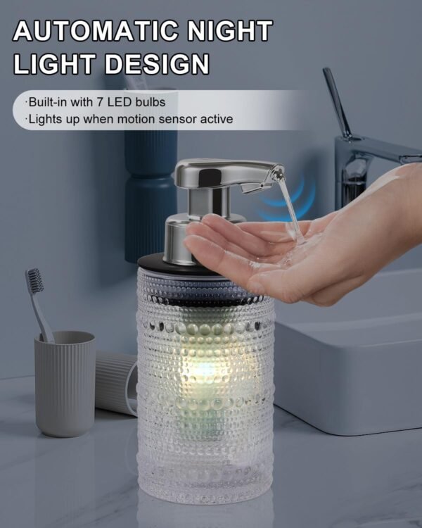 Automatic Glass Soap Dispenser, Touchless Liquid Hand Soap Dispenser, Rechargeable Dish Soap Dispenser with Night Light Function, Relief Glass Design for Kitchen, Bathroom, Hotel, 9oz/270ml - Image 2