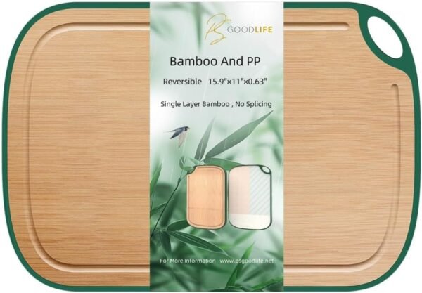 Bamboo Cutting Board for Kitchen, double sided with No Splicing Juice Groove X-Large with polypropylene BPA-Free reverse side 15.9" x 11" by PSGoodLife
