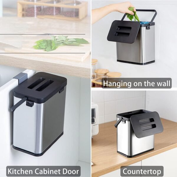 SIDIANBAN Hanging Trash Can with Lid for Kitchen Cabinet Door, 0.8 Gal/3L Stainless Steel Garbage Can Kitchen Compost Bin for Countertop or Under Sink - Image 3
