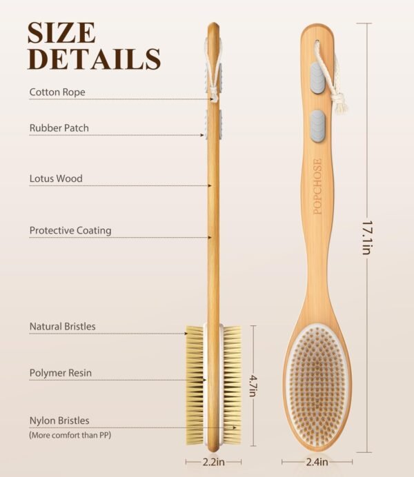 POPCHOSE Shower Brush, Back Scrubber for Shower with 17-Inch Wooden Long Handle, Dual-Sided Dry Brushing Body Brush with Soft & Stiff Bristles, Body Scrubber for Wet or Dry Exfoliation - Image 4