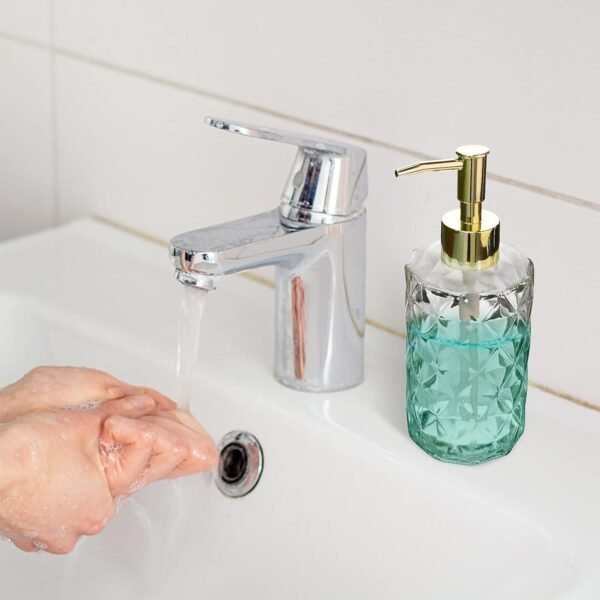 Clear Glass Soap Dispenser, 2 Pack / 11 Oz Liquid Hand Soap Dispenser Set for Kitchen Sink and Bathroom, Dish Soap Dispenser Set Jar Lotion Glass Soap Dispenser Bottles with Gold Plating Pump - Image 5