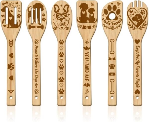 GLOBLELAND 6Pcs Dog Bamboo Cooking Utensils Wooden Pet Engraved Cooking Spoons Set Carving Kitchen Bamboo Spatula Set Wood Cooking Spoon for Kitchen Fun House Warming Gift