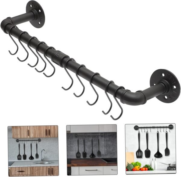 BESTOYARD 1 Set Pendant Rack Kitchen Utensil Mounted Clothes Hanger Industrial Pan Holder Pot Organizer Rack Kitchen Utensil Hanging Rack Kitchen Rail Cookware Hanging Shelves Iron - Image 7