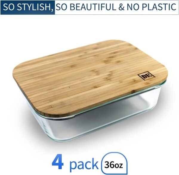 DE Glass Food Storage Containers with Bamboo Lids (4 Pack, 36 Ounce) Eco Friendly Meal Prep Containers Reusable – Airtight, Plastic Free, BPA Free - Image 2