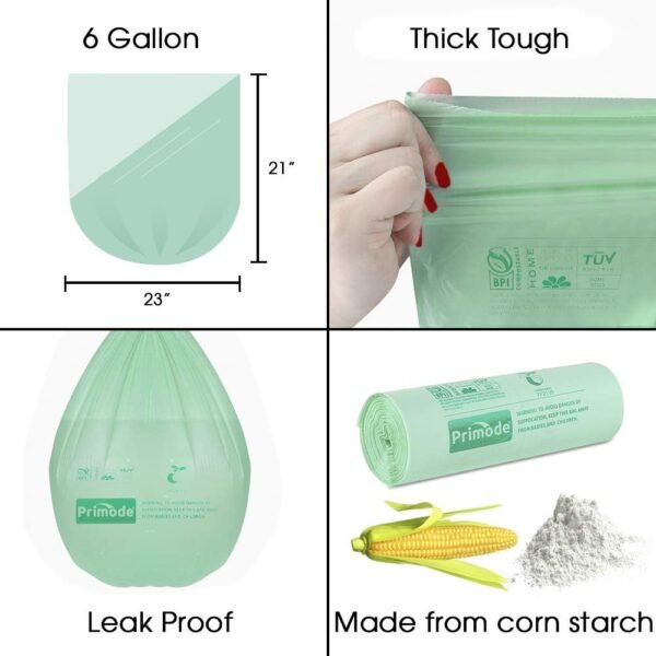 Primode Compostable Bags, 6 Gallon Food Scraps Yard Waste Bags, 100 Count, Extra Thick 0.87 Mil. ASTMD6400 Compost Bags Small Kitchen Trash Bags, Certified By BPI And TÜV AUSTRIA, - Image 3