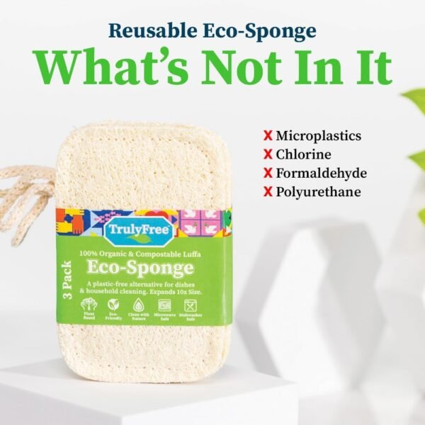 Truly Free Natural Cleaning Sponges, 100% Organic Luffa Dish Scrubber, Plant-Based Compostable Kitchen Dishwasher Sponge, Cleans Sink, Grout & Tile, Non Scratch Scouring Pad - 4.4 x 2.8 in, Pack of 3 - Image 5
