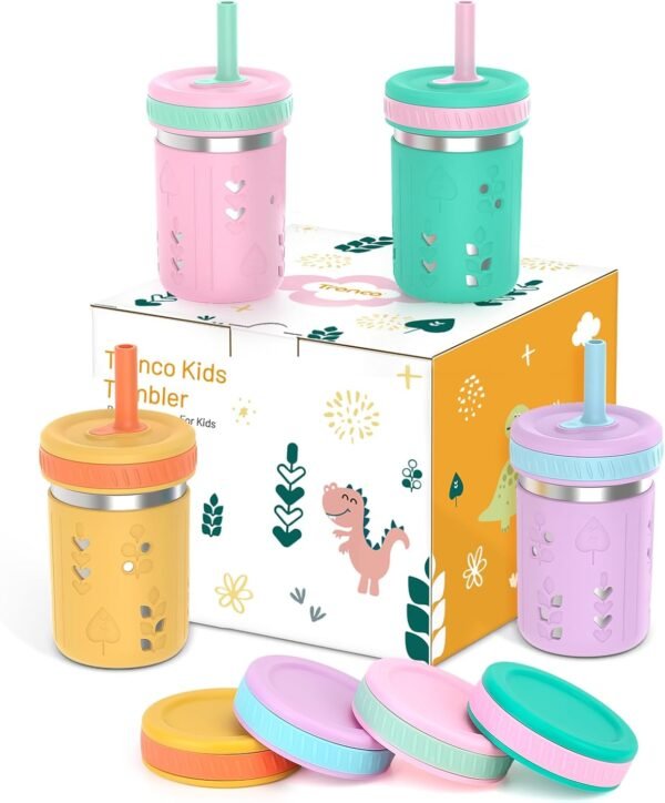 Tronco Stainless Steel Sippy Toddler Cups, 10 oz Mason Jar Kids Smoothie Cups with Silicone Sleeves and Straws, Spill Proof, BPA-Free, Toddler Snack Cups