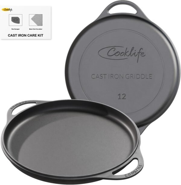 12" Smooth Cast Iron Griddle with Pan Scraper and Mesh Dish Scrubber, Round Pre-Seasoned Griddle Pan for Stove Top, Easy to Clean & Maintain Pizza Pan, Dishwasher & Oven Safe Stovetop Griddle - Image 8