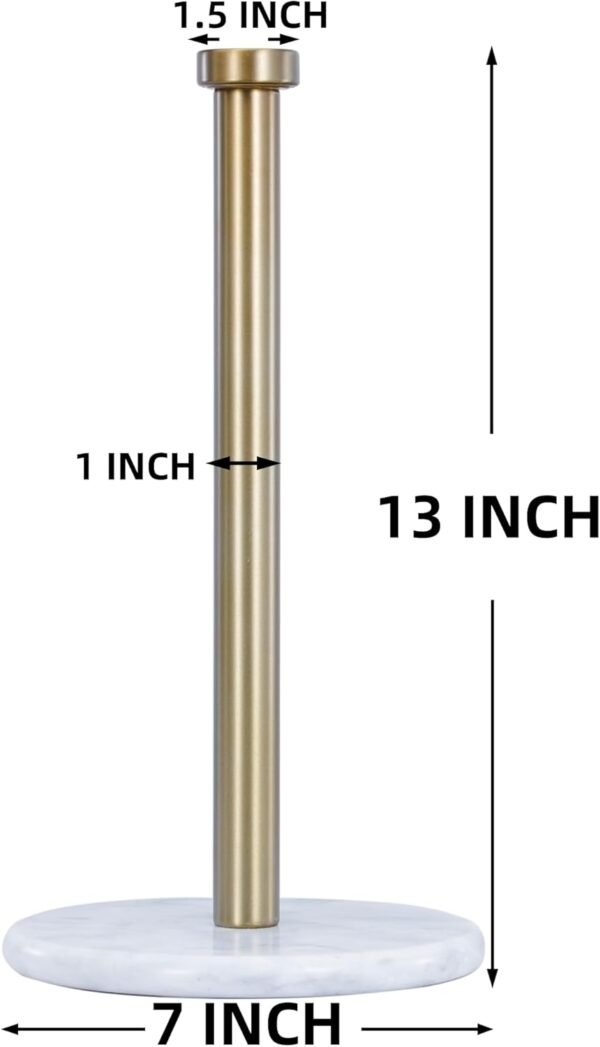 Paper Towel Holder with Marble Base - 13" x 7" Upright Paper Roll Dispenser with Heavy Non-Slip Base for Easy One-Handed Tear - for Countertops, Cabinets, and Bathrooms (White Marble Base, Gold) - Image 2