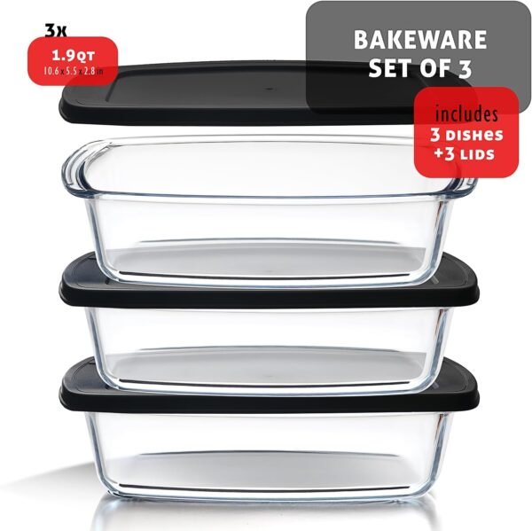 EATEX Glass Bread Pans for Homemade Bread Baking, 1.9 Qt Deep Glass Food Storage Containers with Lids Glass, 3 Glass Bread Loaf Pans 3 Airtight Lids - Image 2